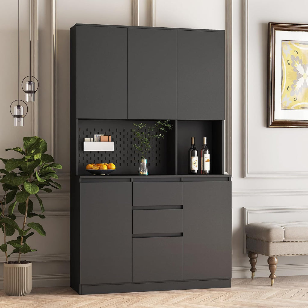 KEIKI 74'' Tall Pantry Storage Cabinet with Hutch, Adjustable Shelves and Drawer, Multifunctional Buffet Sideboard Cupboard for Living Room, Black