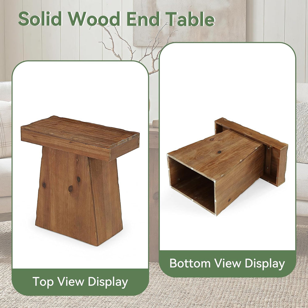 Solid End Table, 23.6" Wood Side Table with Trapezoid Base for Small Spa...