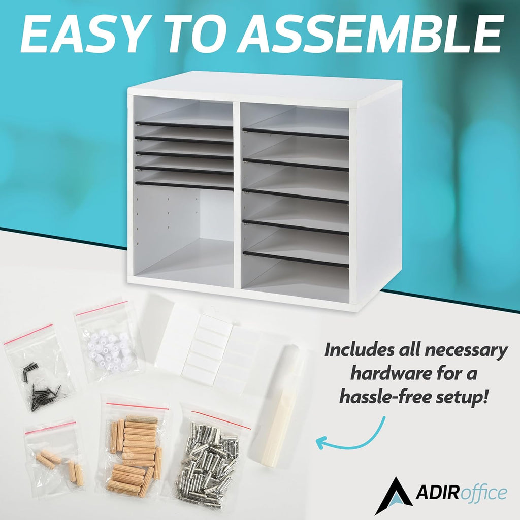 AdirOffice Wooden Adjustable Literature Organizer, 12 Compartment Office Mailbox, or Classroom Literature Organizer, White