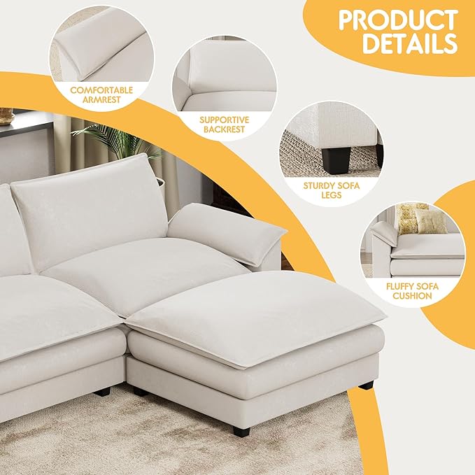 Homall Modular Sectional Sofa, Loveseat Sofa Couch with Reversible Ottoman, DIY Combination Chenille Deep Seat Cloud Couch for Living Room, Apartment (White, L Shaped Sofa)