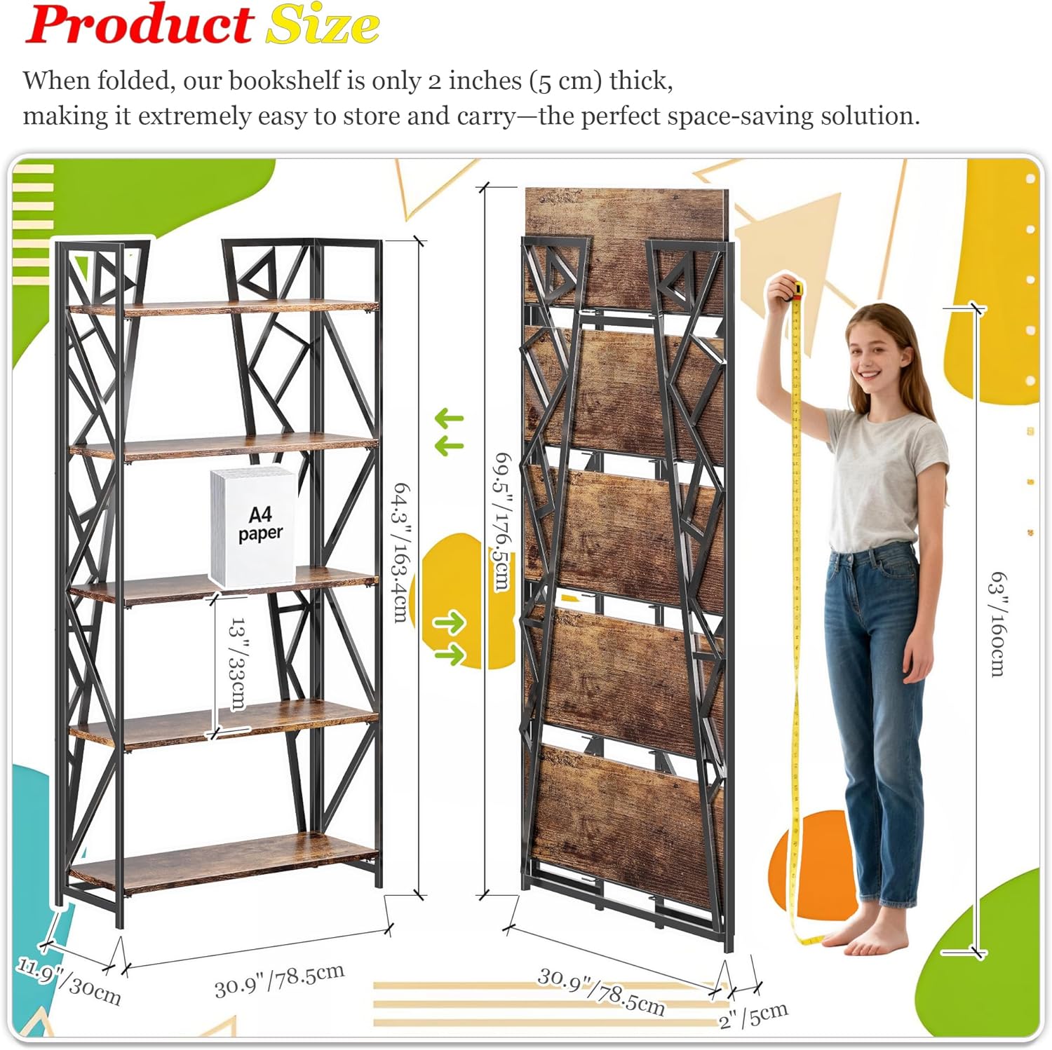 UDD No Assembly Wide Folding Bookshelf, 64.3" H x 30.9" W, 5 Tier Foldable Book Shelf Industrial Bookcase, Vintage Collapsible Storage Shelves for Home Office Living Room Bedroom, Rustic Brown Black