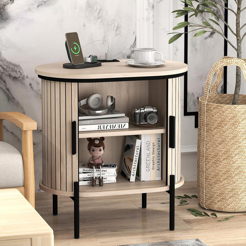 Bonzy Home Round Nightstand with Storage, Fluted Side Table with Charging Sta...