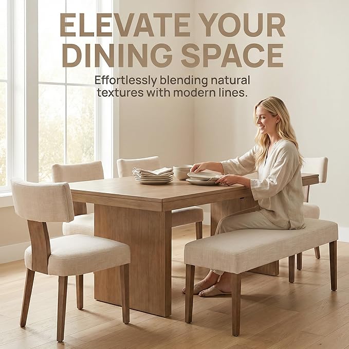 HNY Mid Century Modern Dining Chairs Set of 6, Farmhouse Linen Fabric Upholstered Accent Curved Backrest Kitchen Chairs, with Hardwood Frame, Beige, Linen