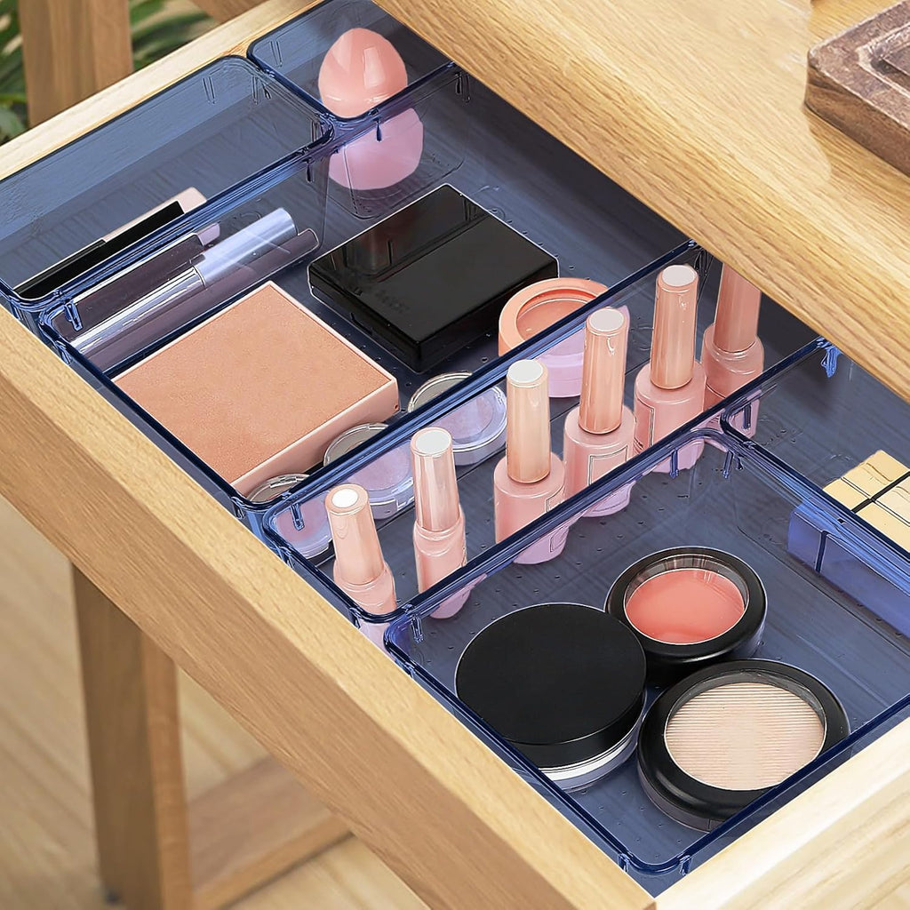 16 PCS Drawer Organizer Set, 5 Varied Size Bathroom and kitchen Drawer cabinet organizer Trays, Clear Storage Bins for Makeup, Jewelry, Utensils and Gadgets,Dark Blue