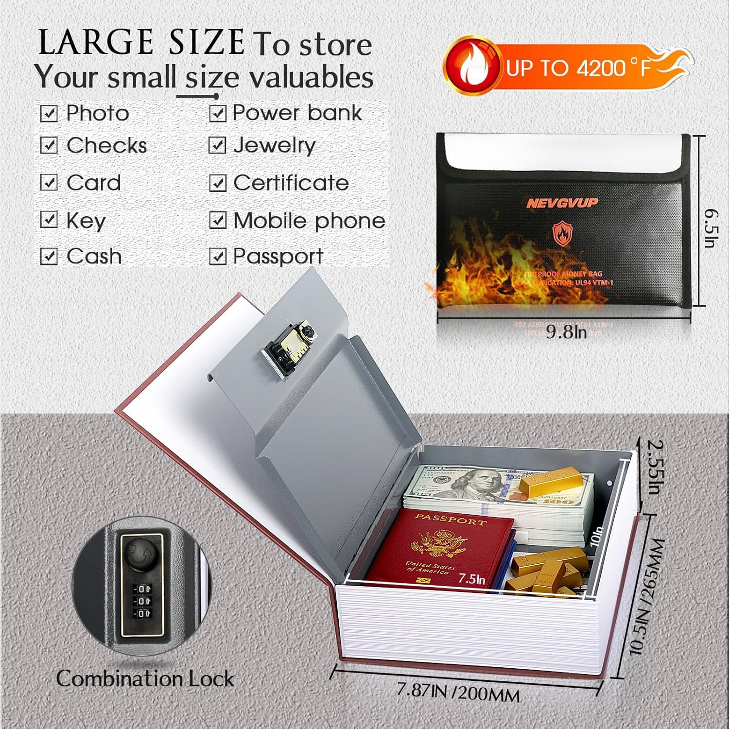 Diversion Book Safe with 4200°F Fireproof Money Bag and Combination Lock, 10.5" x 7.9" x 2.5" Fake Book Hidden Storage Safe, Hollow Secret Portable Metal Storage Box for Cash, Valuables - Easter Bible
