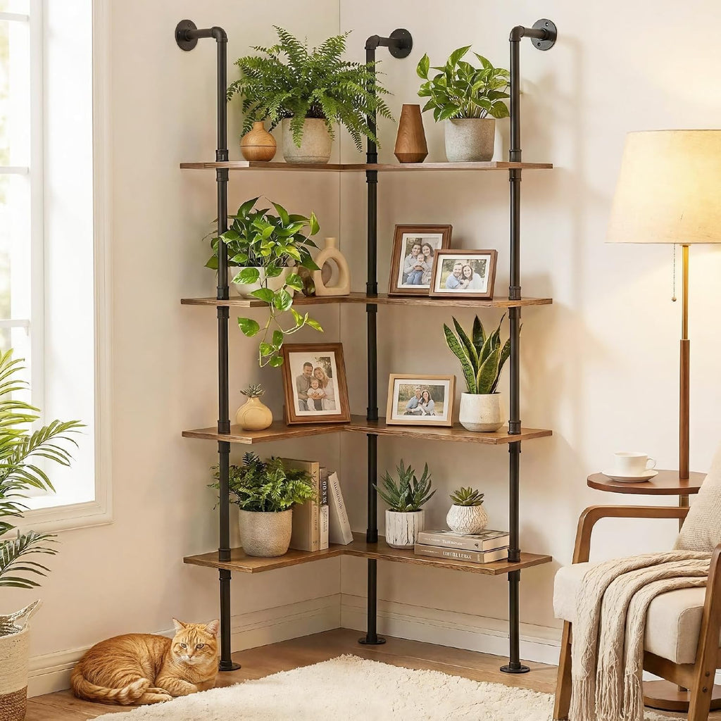 Industrial Pipe Corner Bookshelf, Wall Ladder Shelves/Shelving/Bookcase | 4 Tiers Wood Floating Shelf, Heavy Duty L Shaped Metal Pantry Shelving Rack for Living Room, Bedroom, Home, Office, Kitchen