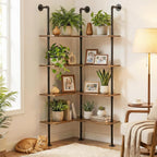 Industrial Pipe Corner Bookshelf, Wall Ladder Shelves/Shelving/Bookcase | 4 Tiers Wood Floating Shelf, Heavy Duty L Shaped Metal Pantry Shelving Rack for Living Room, Bedroom, Home, Office, Kitchen