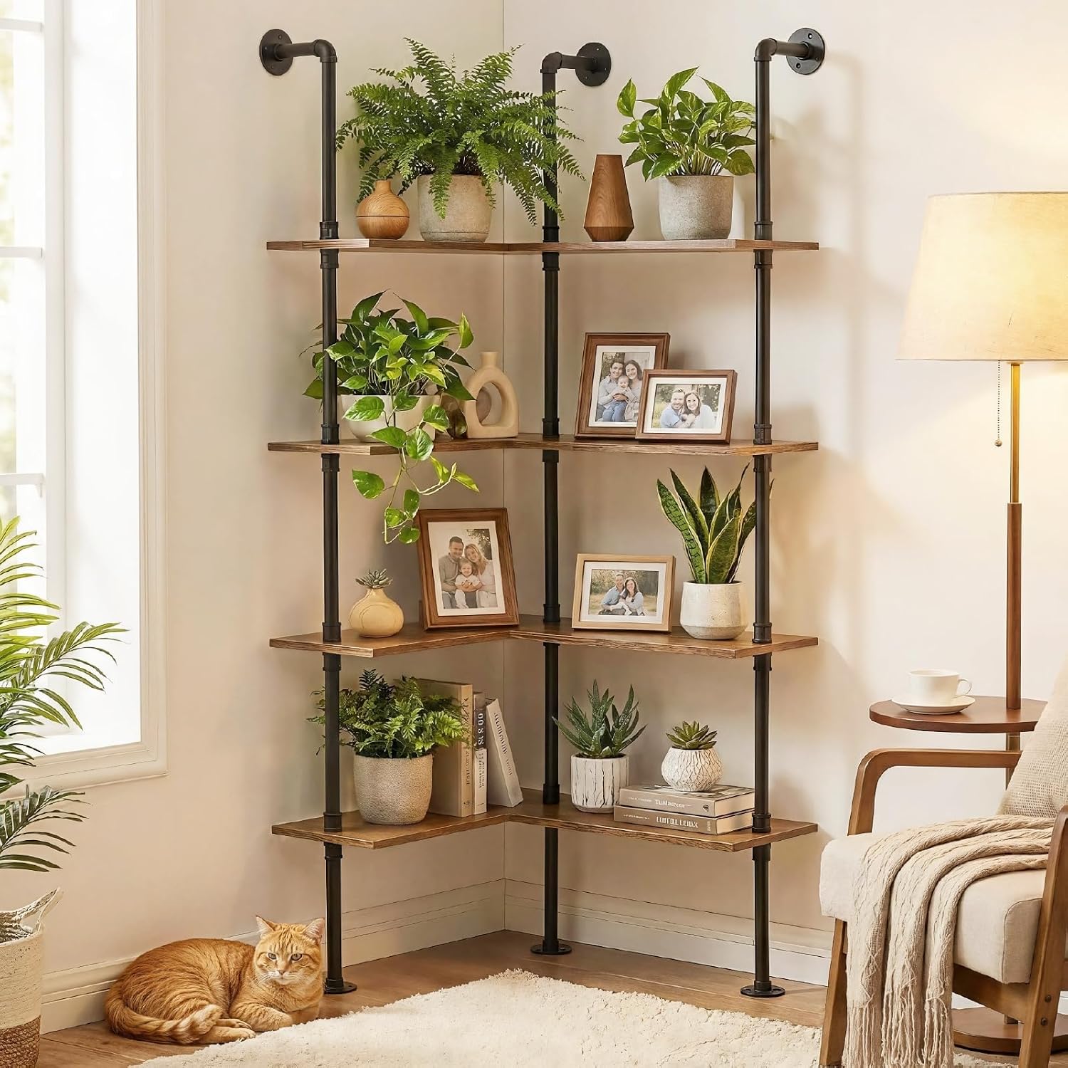 Industrial Pipe Corner Bookshelf, Wall Ladder Shelves/Shelving/Bookcase | 4 Tiers Wood Floating Shelf, Heavy Duty L Shaped Metal Pantry Shelving Rack for Living Room, Bedroom, Home, Office, Kitchen