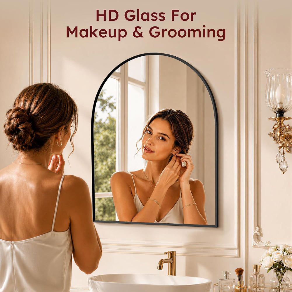 20"x30" Arched Black Bathroom Mirror – Metal Framed with HD Shatter...