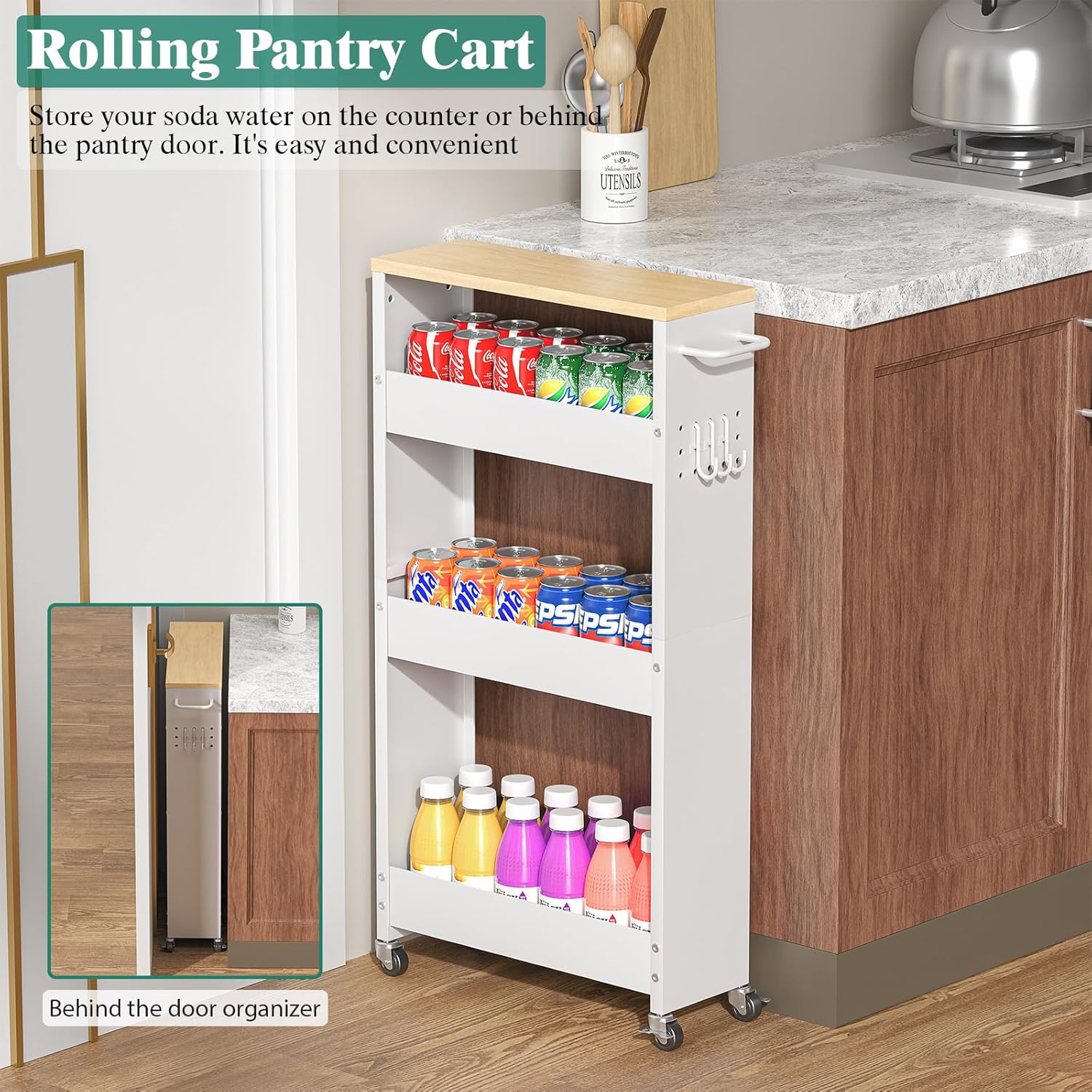 Slim Storage Cart, 4-Tier Kitchen Rolling Cart Narrow Storage Cabinet with Handle & Wheels, Metal Rolling Shelf Unit for Kitchen Bathroom Laundry Small Places (5.9IN White/Natural)