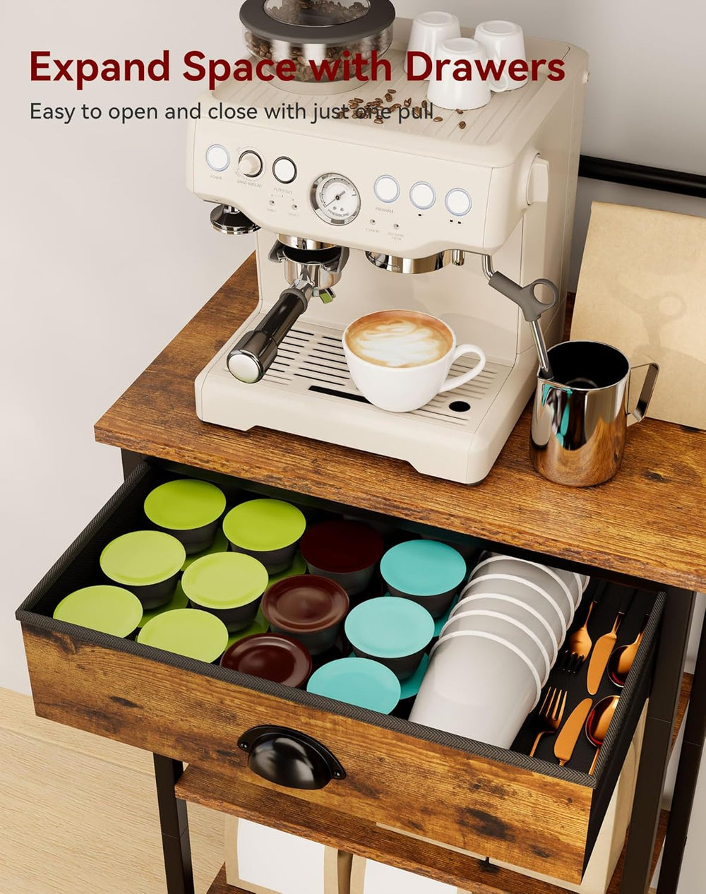 YMYNY 5 Tier Coffee Bar Station, Coffee Stand with Fabric Drawers, 8 S-Shaped...