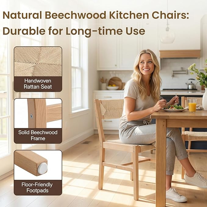 Mid Century Modern Rattan Dining Chairs Set of 4, Farmhouse Natural Beechwood Woven Dining Room Chairs, Boho Armless Cane Kitchen Wicker Chair Wooden Dining Chairs with Weave Hemp Seat and Back