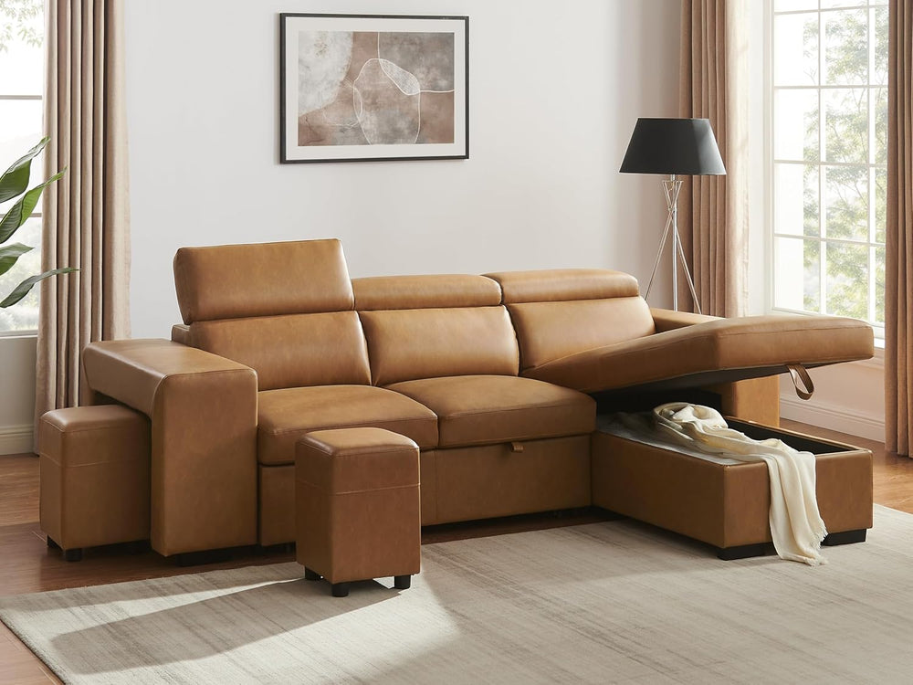 THSUPER 102'' Leather L Shaped Sectional Sleeper Sofa with Pull Out B...