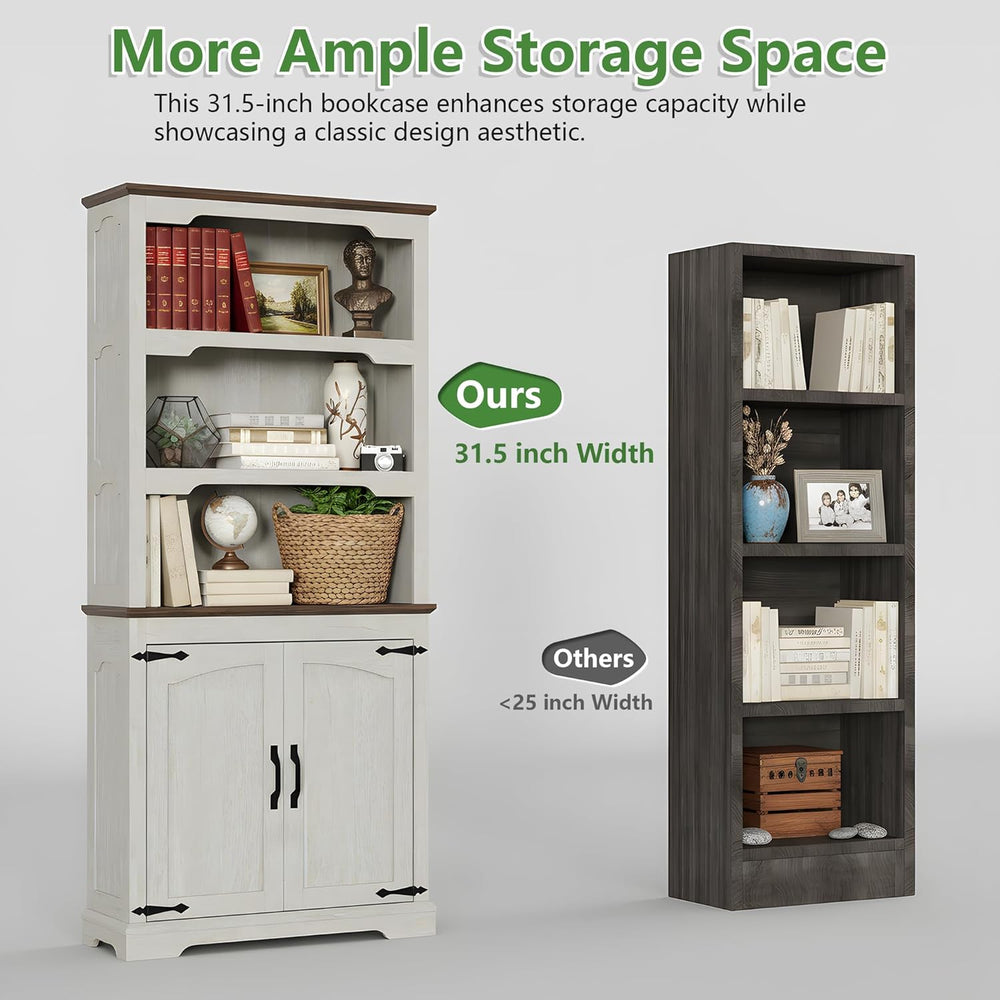 70 Inches Farmhouse Bookcase Bookshelf, Two-Tone Shelves, 5 Tier Bookshelf wi...