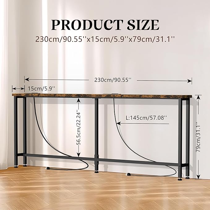 GRLEAF 90" Sofa Table with Built-in Power Strip (4 AC Outlets & 4 US...