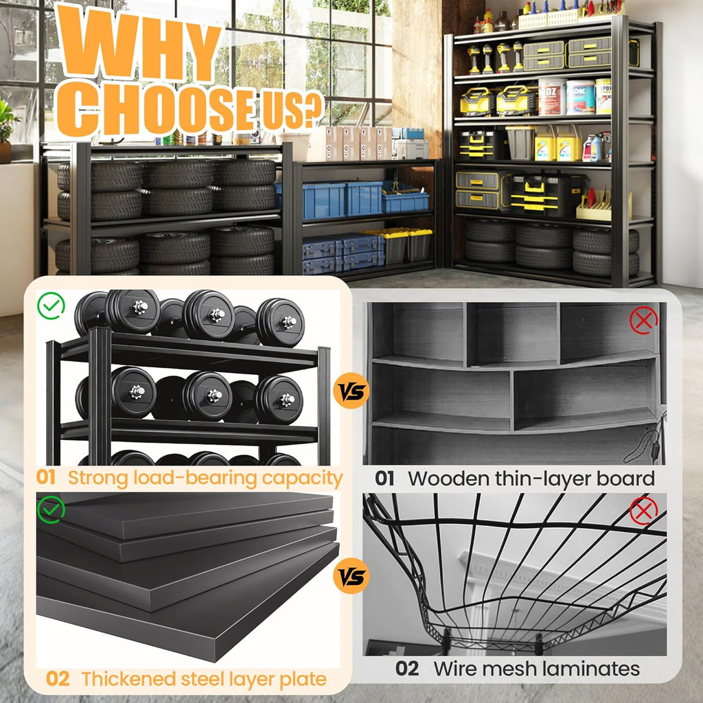 72" H Garage Shelving, Heavy Duty Storage Shelves, Garage Storage Shelves, Adjustable 5 Tier Metal Shelving Unit, Utility Shelves for Warehouse Backyard, 72" H×48" W×24" D
