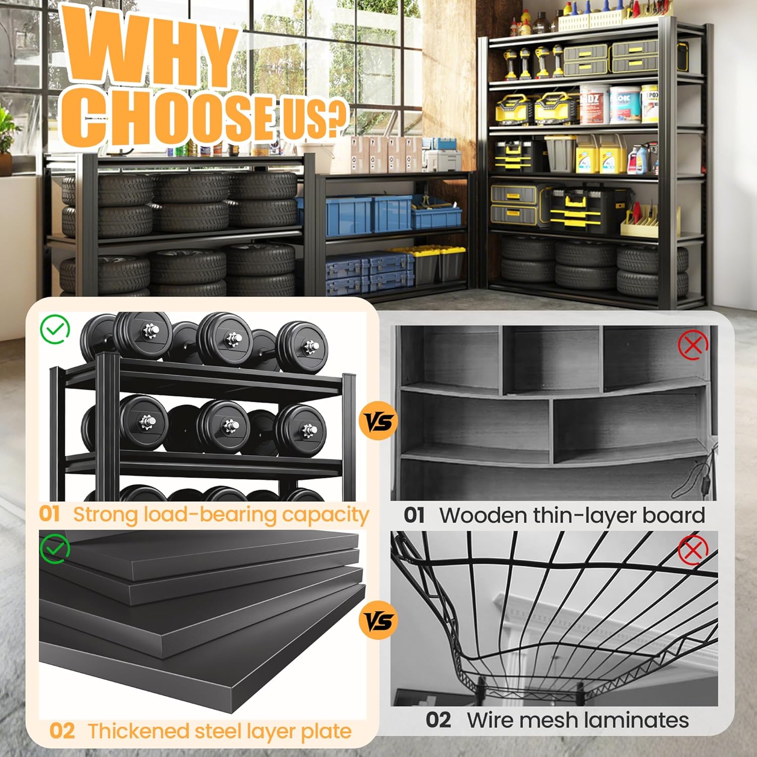 62" H Garage Shelving, Heavy Duty Storage Shelves, Garage Storage Shelves, Adjustable 5 Tier Metal Shelving Unit, Utility Shelves for Warehouse Backyard, 62" H×27.6" W×12" D