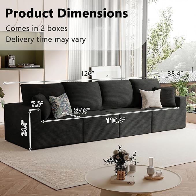 Homall Sectional Couches for Living Room, Modern Boneless Couch with Deep Seat, Upholstered Cloud Sofa, No Assembly Required (Black, Four-Seater Sofa)