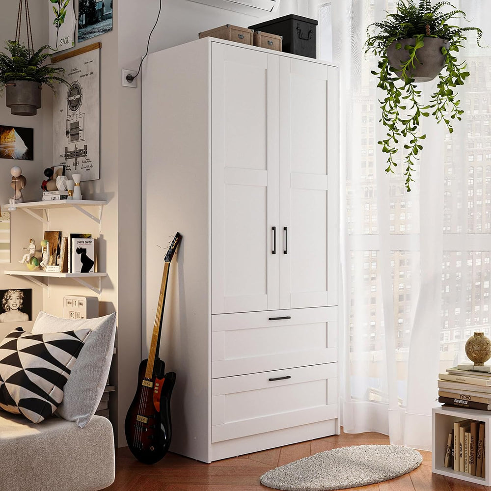 Fenghua Lizhi Wood White Wardrobe Closet with 2 Doors and 2 Drawers，Bedroom F...