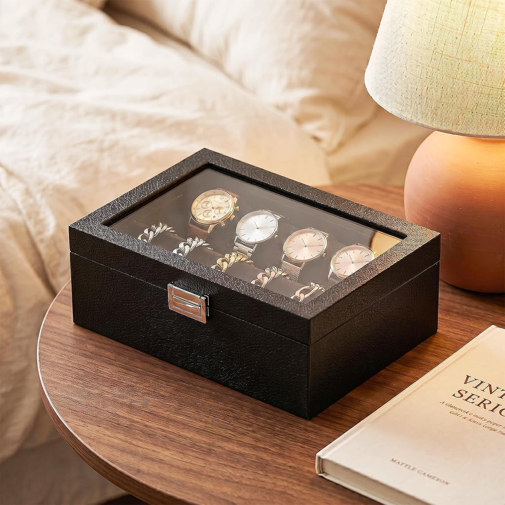 Bracelet Organizer Box,Bangle Watch Jewelry Storage Case with Glass Lid,Watch Display Tray for Girls (Black)
