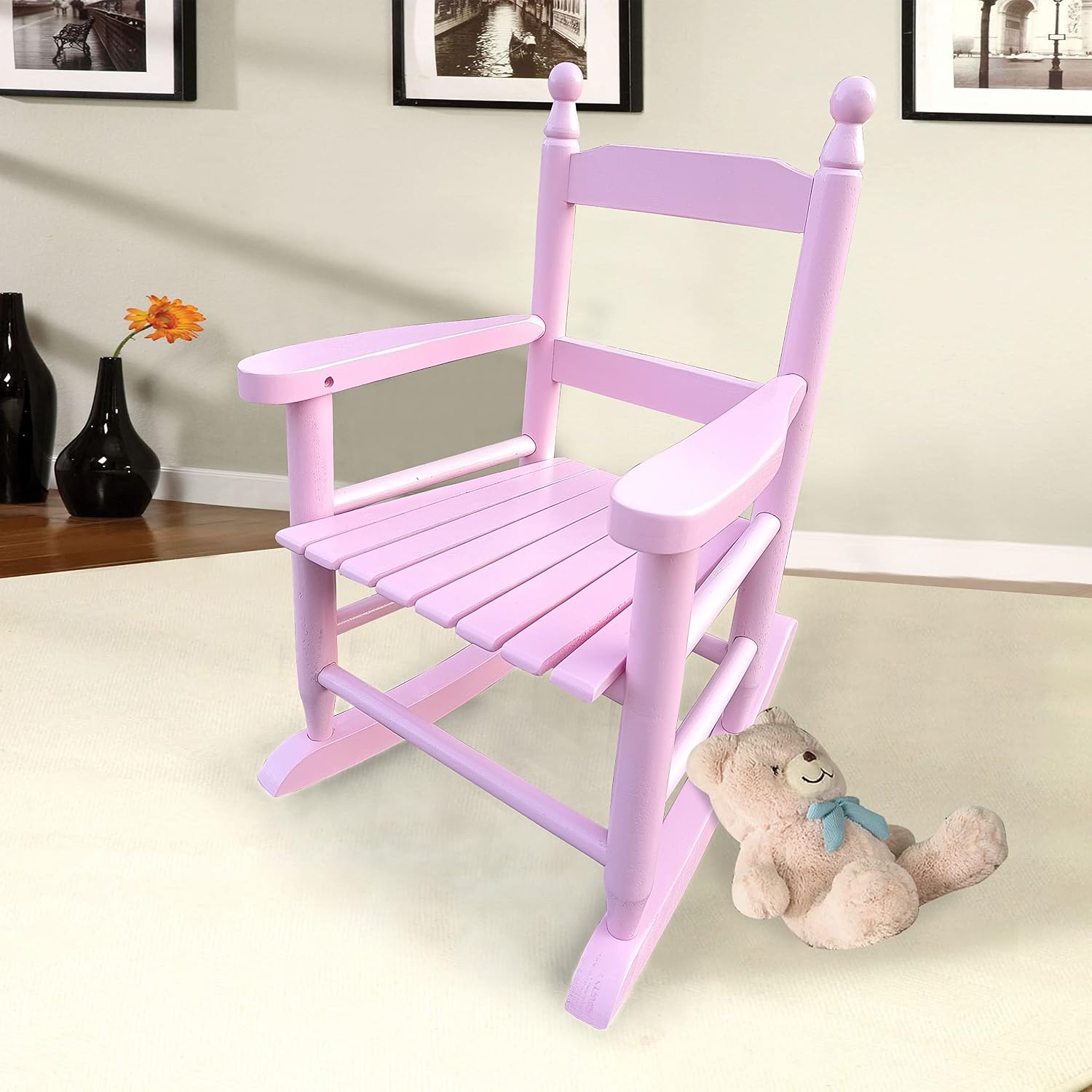 Kids' Rocking Chairs, Childrens Rocking Chair, Wooden Classic Rocker Chair Indoor Outdoor for Youth/Childs/Childrens Porch Rocker Chair for Living Room,Bedroom,Balconies, Porches (Pink)