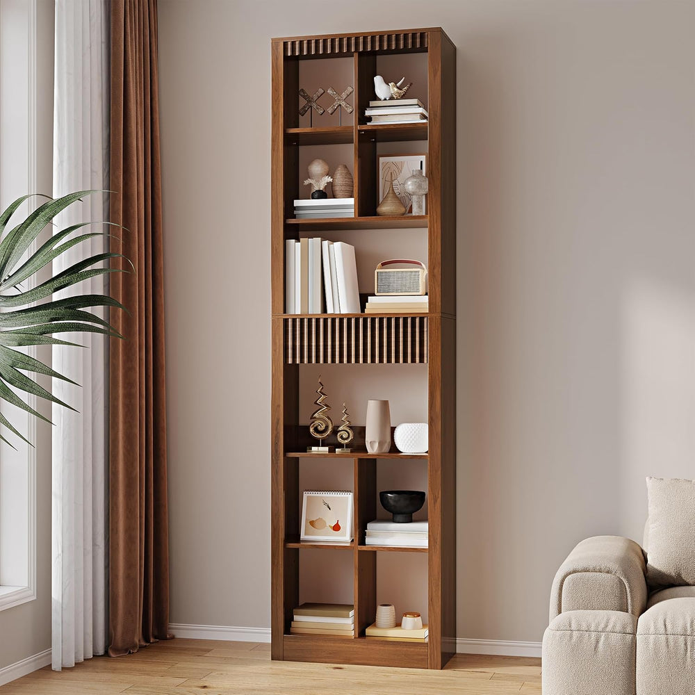 Wodeer 71" Tall 6 Tier Bookshelf with 8 Cube Open Display, Walnut Bookca...