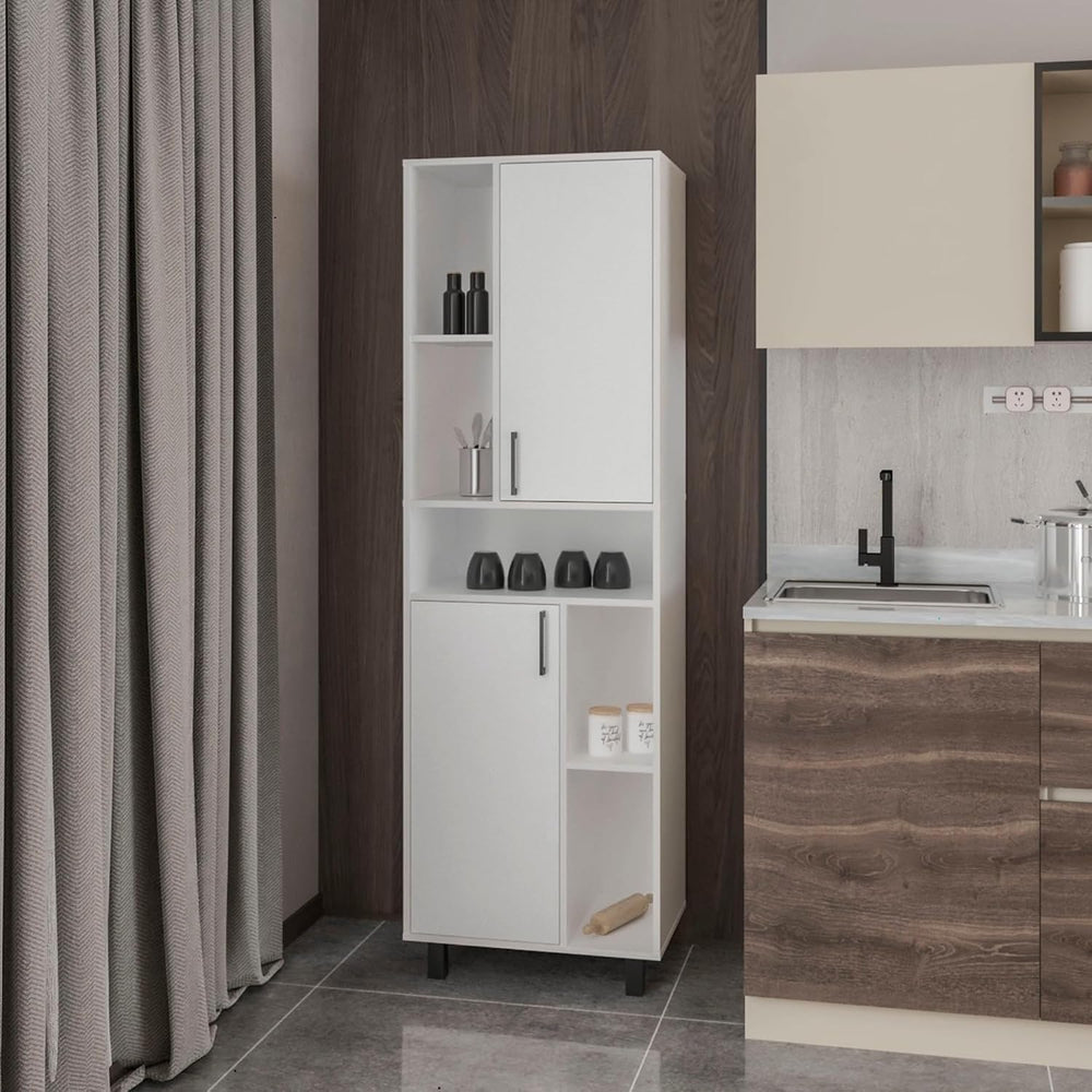 White Kitchen Pantry with Open Storage and 2 Doors,for Kitchen