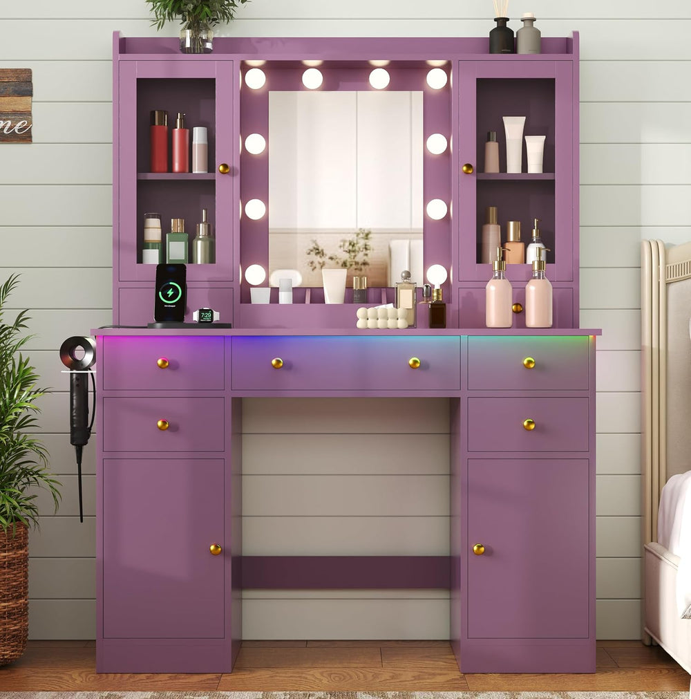 HUANLEGO Purple Vanity Desk with Mirror and Lights for Girls Women | Makeup V...