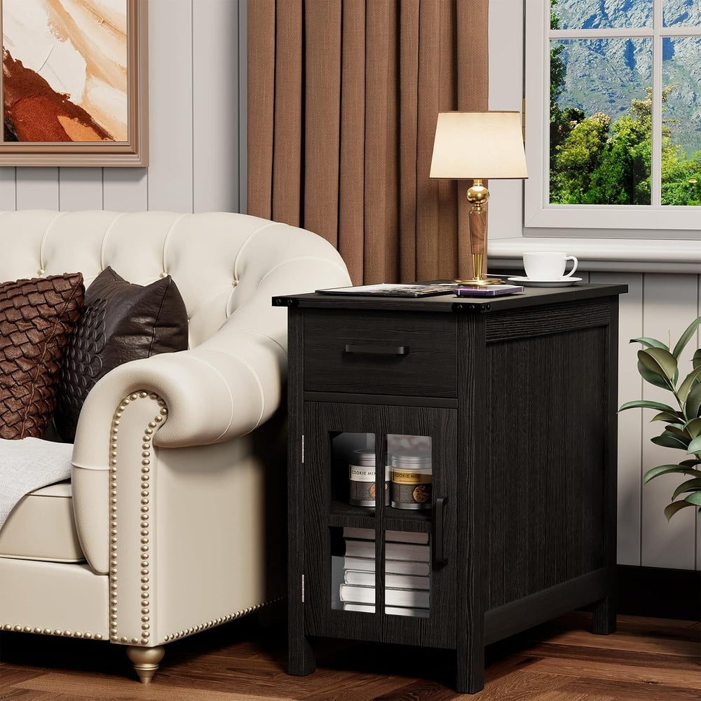 Farmhouse End Table with Charging Station, Narrow Side Table for Living Room,...