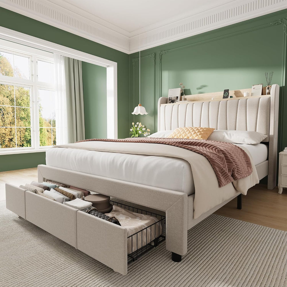 Garvee Platform Bed Frame Queen, Storage Headboard, Charging Station, Beige