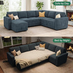 HONBAY Modular Sectional Sleeper Sofa with Pull Out Bed, Corduroy Couch with Storage, U Shaped Sectional Couches for Living Room, Blue