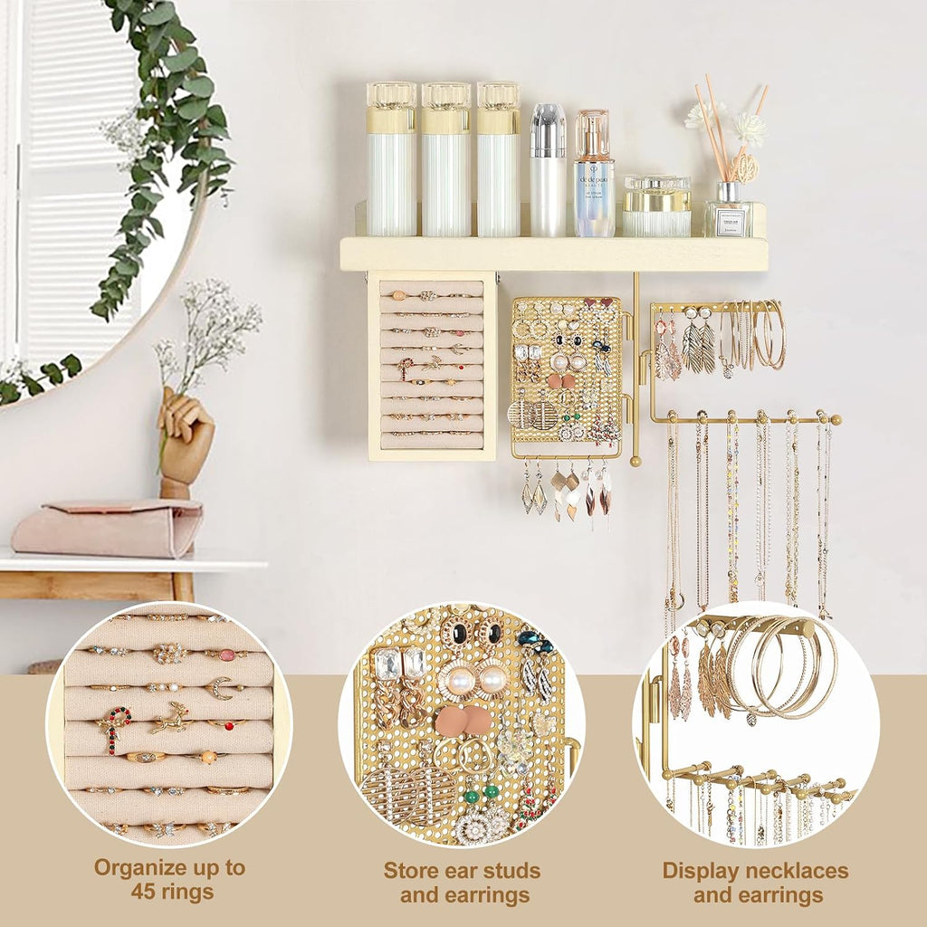 Hanging Jewelry Organizer Wall Mounted with Necklace Earring Ring Holder | Wall Jewelry Holder with Rustic Wood Shelf, Rotating Necklace Storage Organizer, Versatile Earring Holder, Ring Display Box