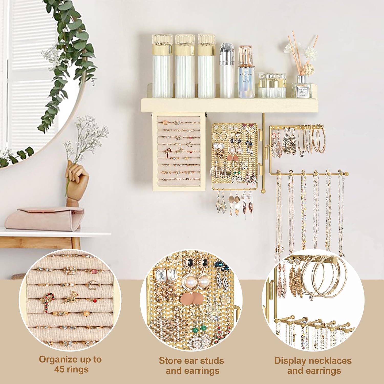Hanging Jewelry Organizer Wall Mounted with Necklace Earring Ring Holder | Wall Jewelry Holder with Rustic Wood Shelf, Rotating Necklace Storage Organizer, Versatile Earring Holder, Ring Display Box