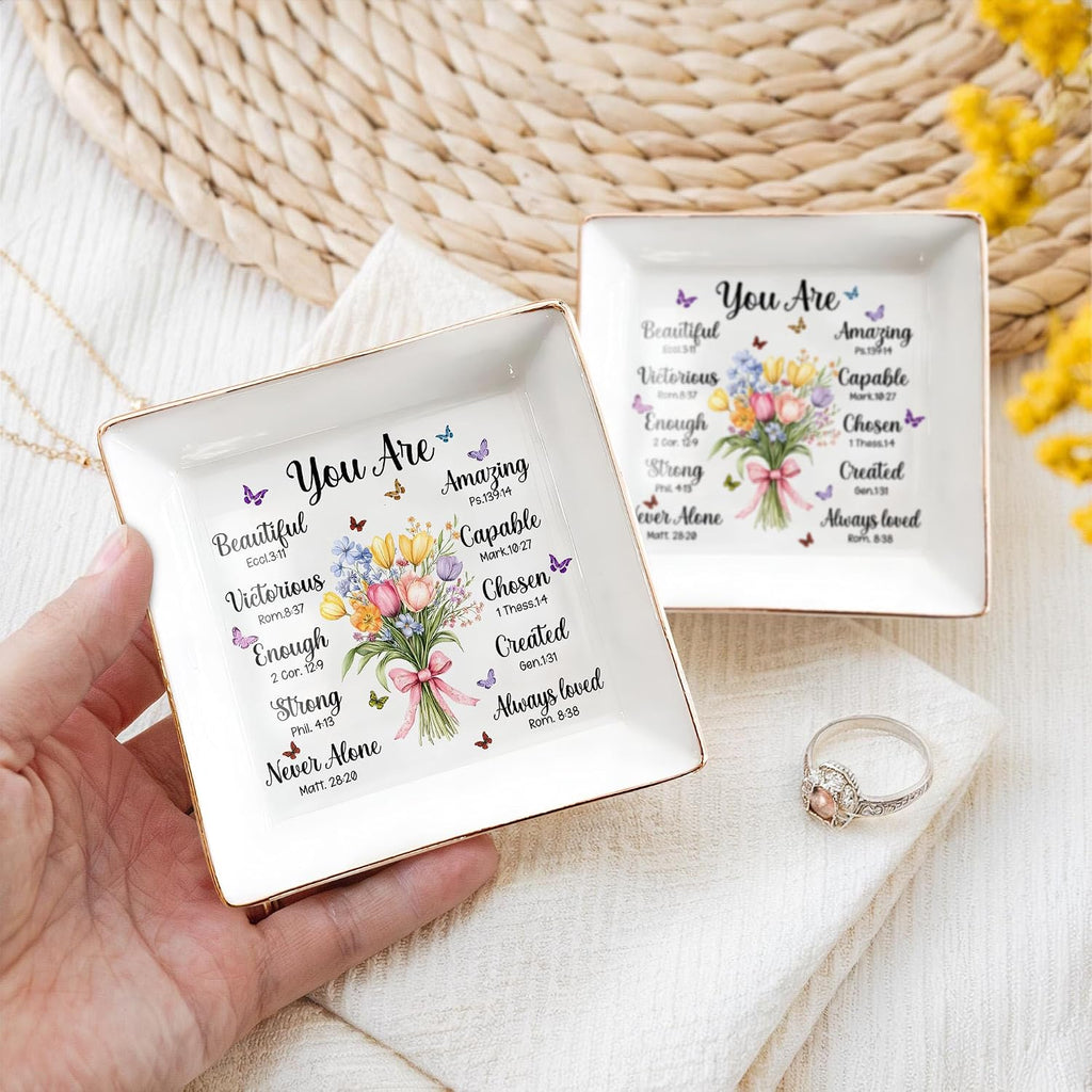 Christian Bible Verse Jewelry Dish, 4" Ceramic Jewelry Tray, Christian Gift for Women, Mother's Day, Birthday, Catholic Gifts for Mom/ Grandma, Graduation, Confirmation Gifts for Teen Girls, Daughter