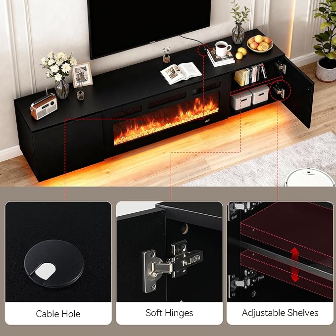 MXV 80'' Floating TV Stand with 40" Electric Fireplace, Modern Media Entertainment Center, TV Console Cabinet Wall Mounted with Adjustable 12-Color LED Lights, for Living Room, Black + Black
