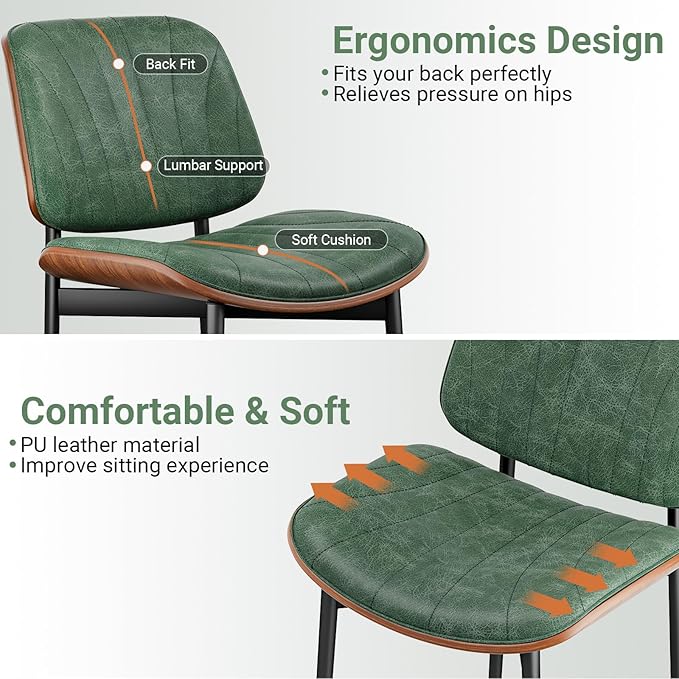 Dining Chairs Set of 6, Dining Room and Kitchen Chairs, Mid Century Modern Accent Chair, Upholstered PU Leather Chairs for Vanity with Walnut Bentwood and Metal Legs, Green