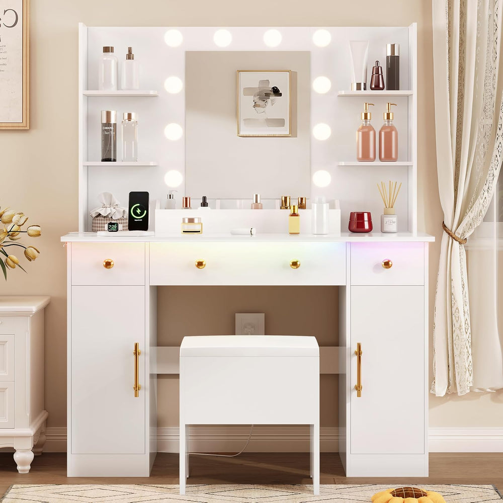 HUANLEGO Vanity Desk with Mirror and Lights, Makeup Vanity with Charging Stat...