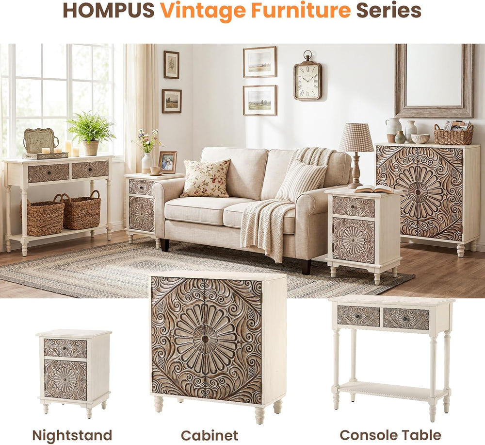 HOMPUS Night Stand Set 2, Vintage Nightstand with Storage, White Nightstand w...
