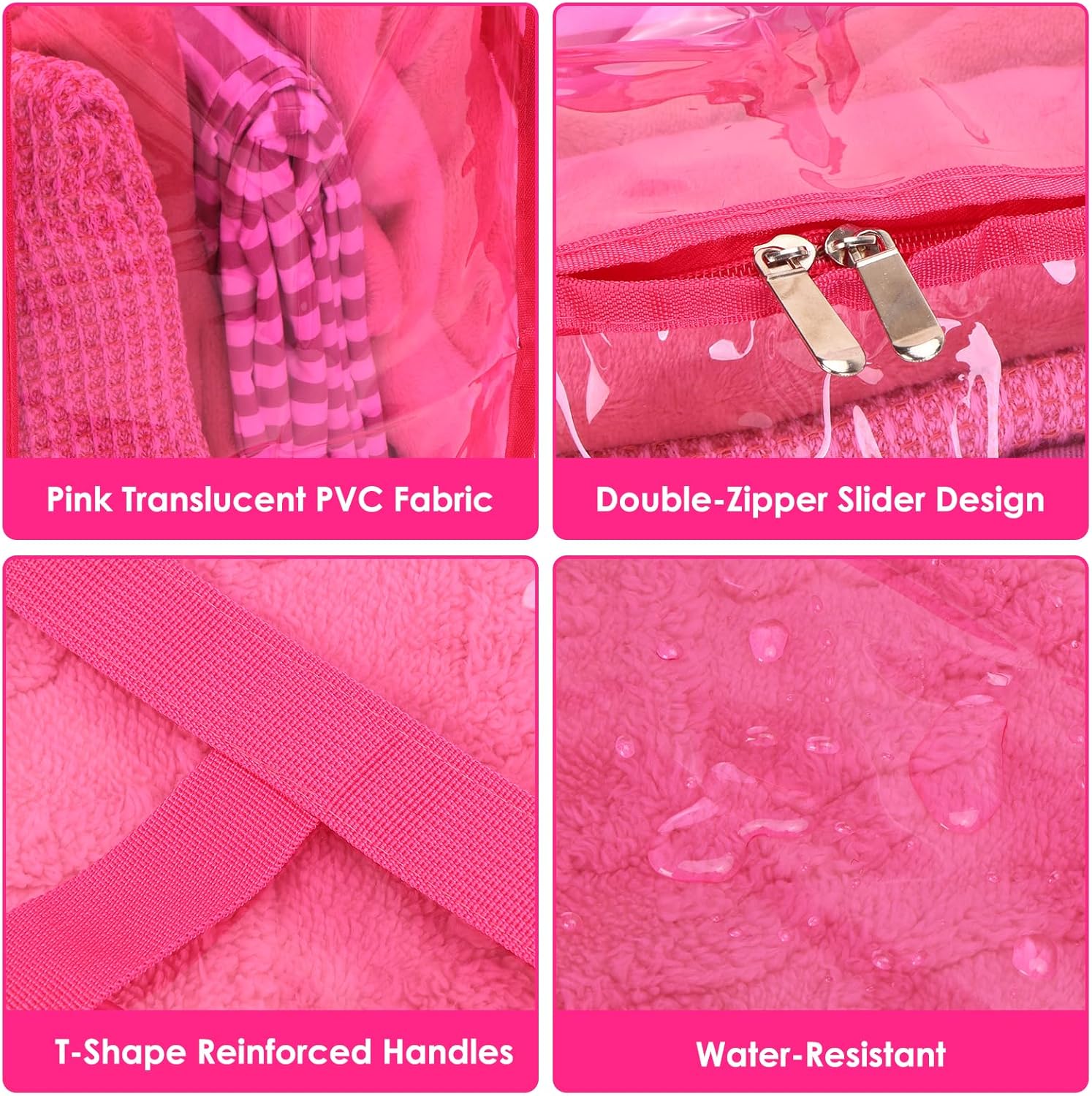 SGHUO Clear Storage Bags 60L Extra Large Plastic Vinyl Blanket Storage Bag for Clothes, Comforter, Bedding, Moving Bags with Zipper and Reinforced Handle (4pcs, Pink)