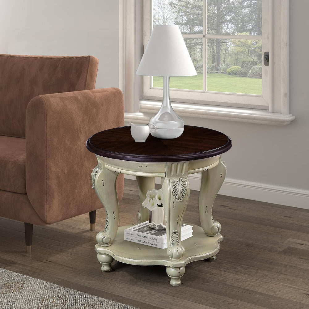 P PURLOVE 22'' Two Tone Round End Table with Shelf for Living Room, S...