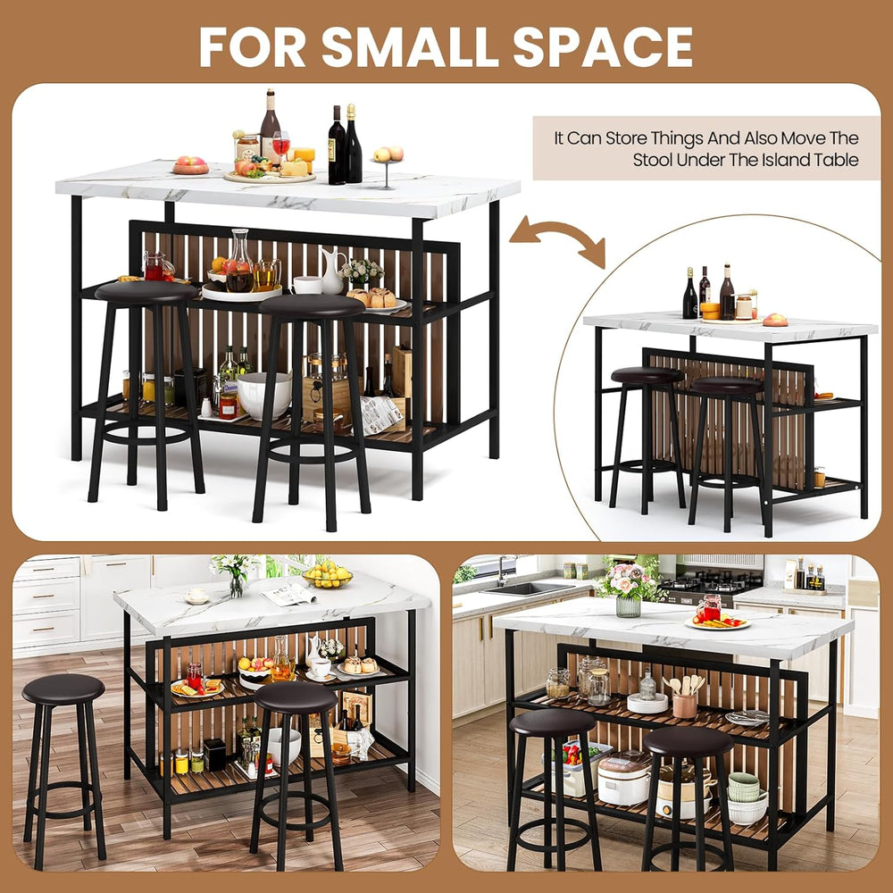 DKLGG Kitchen Island with Stools & Storage, Modern Dining Table Set for 2...