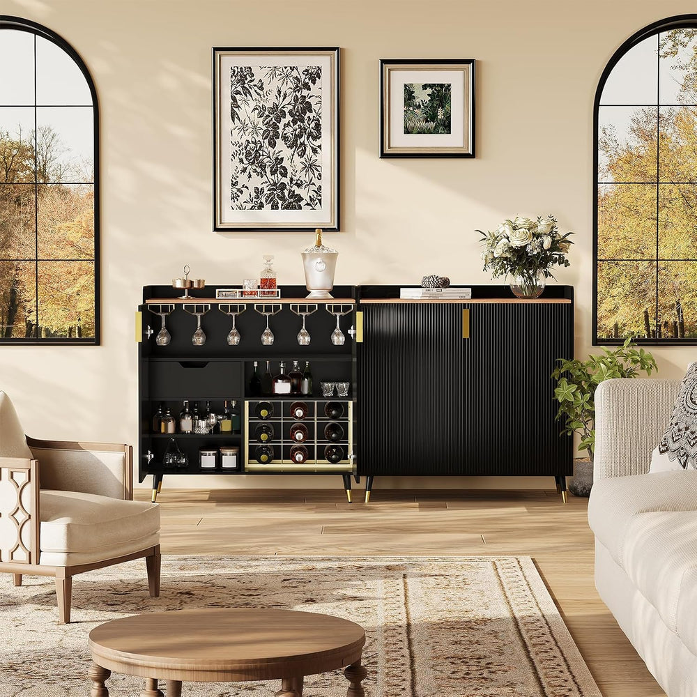 32" Fluted Bar Cabinet with Wine Rack, Green Liquor Wine Cabinet, Black ...