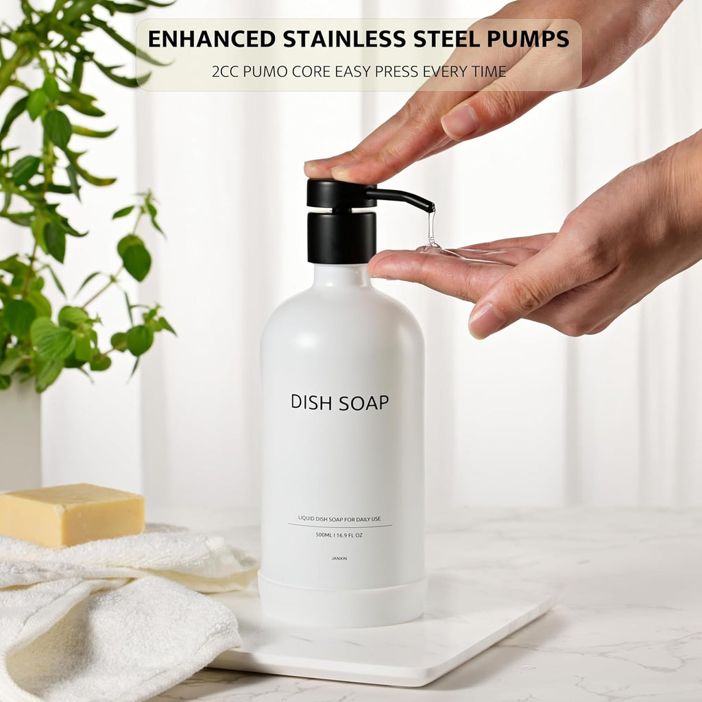 Glass Kitchen Soap Dispenser Set with Ceramic Tray,16.9 floz Hand and Dish Soap Dispenser for Kitchen and Bathroom Decor (White Bottles + Black Pumps)