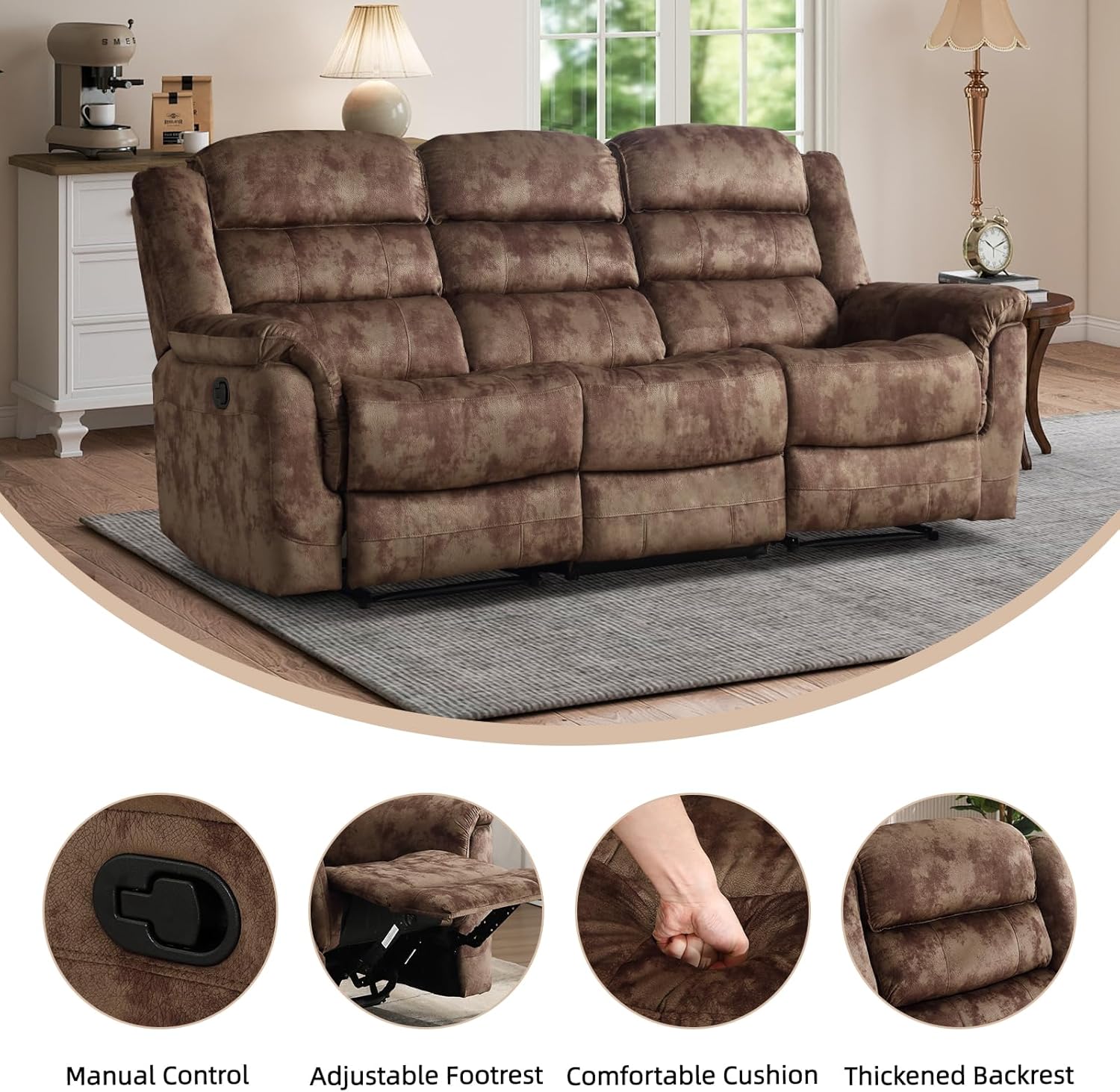 2 Pieces Reclining Couch Furniture Set, Overstuffed Reclining Loveseat Couch and Wide 3PC Bonded Recliner Sofa Set for Living Room, Brown