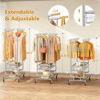 Heavy Duty Clothes Rack with Metal Basket, 720 LBS Rolling Double Rod Garment Rack, Portable Extendable Clothing Rack with Wheel for Bedroom, Laundry Room & Retail Store