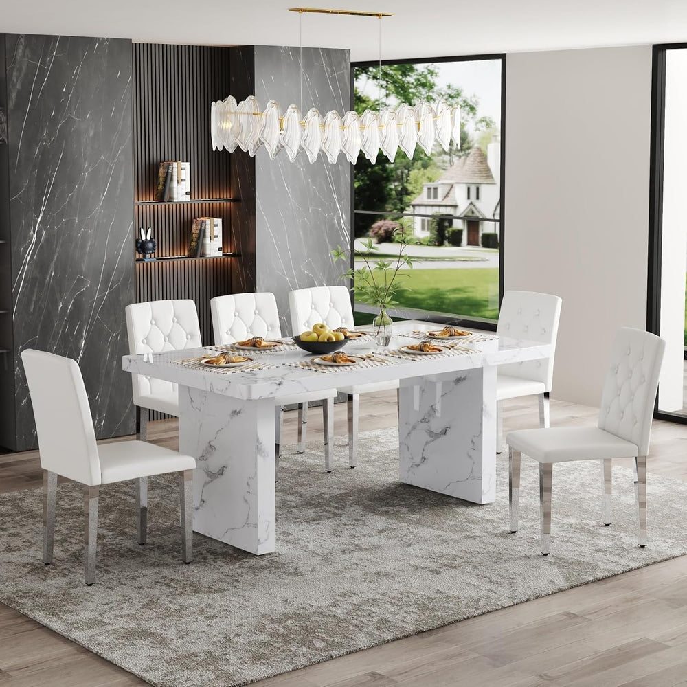 63" Dining Table Set for 6, White Faux Marble Dining Room Table and 6 PU...