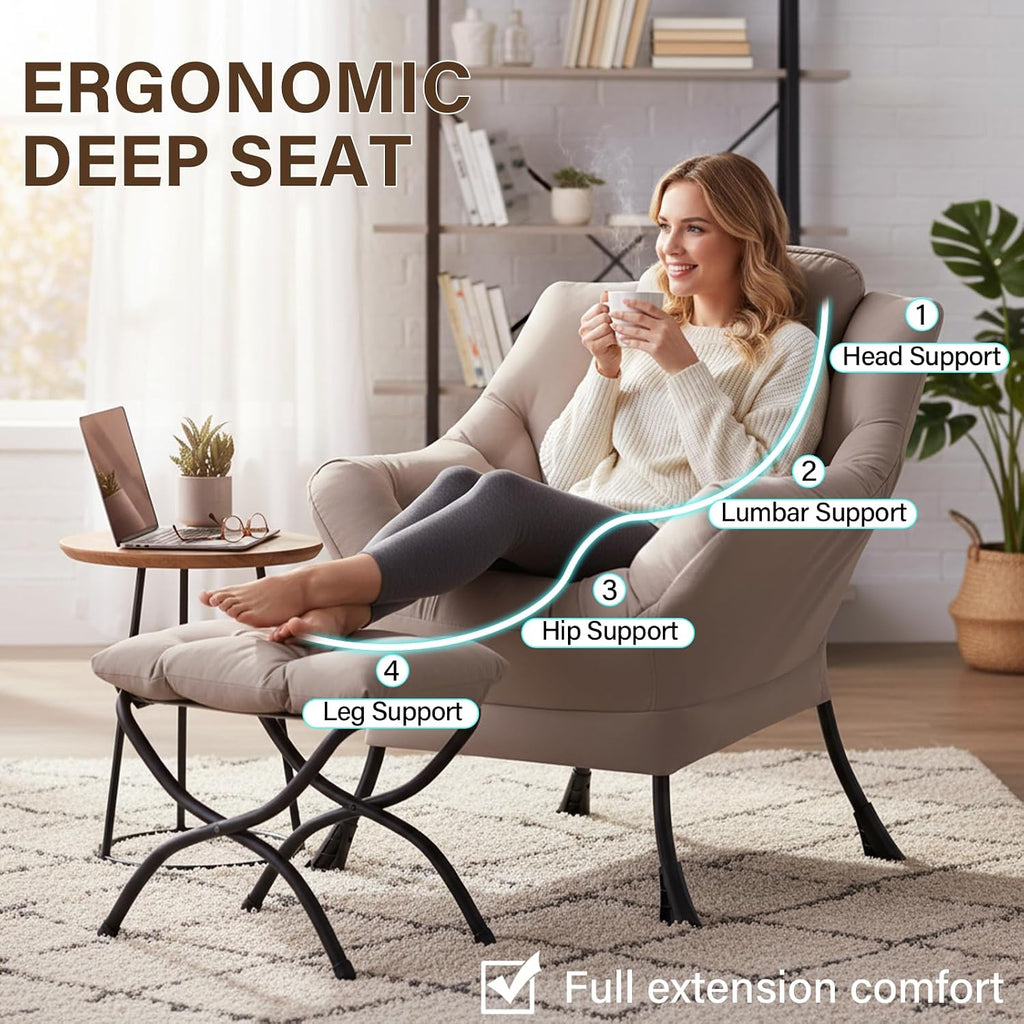 Welnow Lazy Chair with Ottoman, Reading Chair with Footrest，Khaki | A Side Pocket,Armrests,Foldable Footrest,Thick Cushioned Seat & Backrest, Lounge Chair for Bedroom,Living Room & Small Space