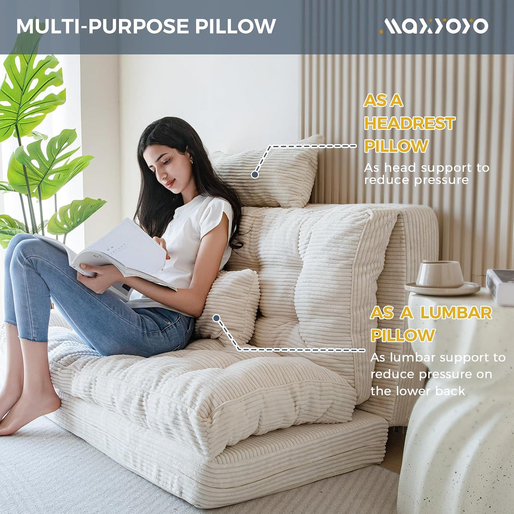 MAXYOYO Folding Sofa Bed, Convertible Chair Couch, Tufted Bean Bag Sofa | Extra Thick with Washable Cover, Chaise Lounge, Floor Bean Bag Couch Bed for Bedroom Living Room, Beige, 54"x91"