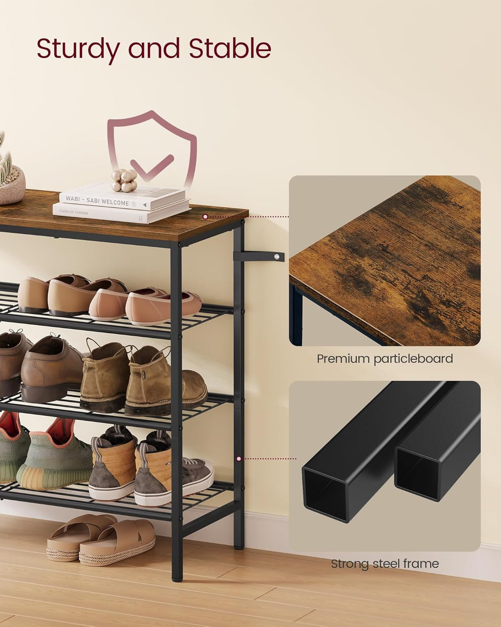 VASAGLE Shoe Rack, Shoe Storage Rack for Closet, Entryway, Living Room, Free Standing Metal Organizer Shelf, 4 Tiers, 11.8 x 29.5 x 27.2 Inches, for 12–16 Pairs, Rustic Brown and Ink Black ULBS049KD01