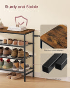 VASAGLE Shoe Rack, Shoe Storage Rack for Closet, Entryway, Living Room, Free Standing Metal Organizer Shelf, 4 Tiers, 11.8 x 29.5 x 27.2 Inches, for 12–16 Pairs, Rustic Brown and Ink Black ULBS049KD01